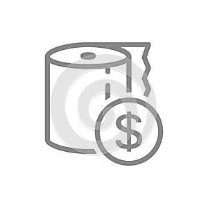 Paper towels and coin, money line icon. Paper roll, payment for goods, personal hygiene products