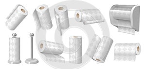 Paper towels. Kitchen towel roll, white wipes cylinder on stand and soft tissue absorbent 3D isolated vector illustration set