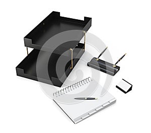 Paper tray, pen stand and notepad isolated on white background.