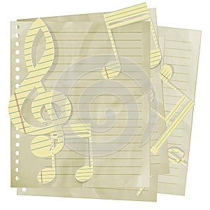 Paper treble clef and music notes on sheet in line