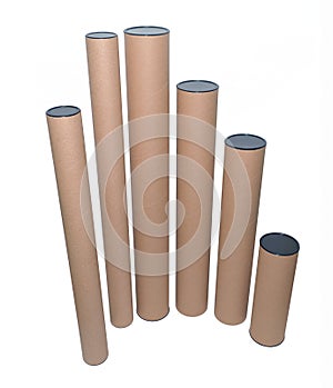 Paper tube cores, tissues isolated on white background, in industry manufacturing plant factory. Product material of brown paper