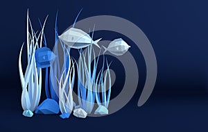 Paper underwater sea cave with fishes, stones, seabed in algae, waves. Paper cut deep style 3d render. Deep blue marine life,