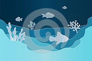 Paper underwater. Seascape seafloor, undersea with seaweed. Dark saltwater with corals silhouettes. Ocean reef bottom