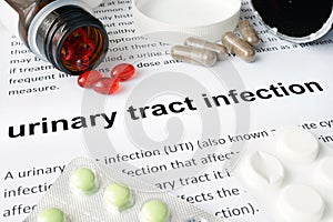 Paper with urinary tract infection and pills. photo