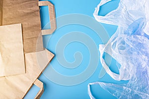 Paper vs plastic bags for packaging and carrying products. Choose for protection of the environment. Place for text