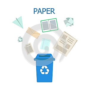 Paper waste blue bin. Waste sorting and recycling concept. Color vector ilustration