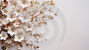 Paper white and gold flowers composition. Frame made of flowers on white background. Top view, copy space