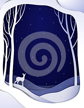 Paper winter forest night landscape with young deer, paper winter fairy tale background with bambi, photo