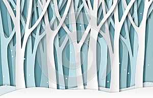 Paper winter forest. White frozen trees silhouettes, christmas season natural paper cut landscape. 3d origami vector