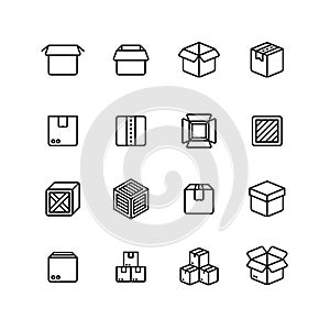 Paper and wood box line icons. Shipping packing outline vector pictograms