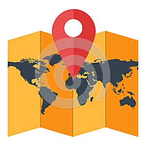 Paper world map with geotag, red location pointer