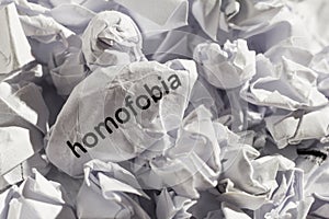 Paper written homofobia, portuguese and spanish word for homophobia. Concept of old and abandoned idea or practice. photo