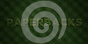 PAPERBACKS - fresh Grass letters with flowers and dandelions - 3D rendered royalty free stock image