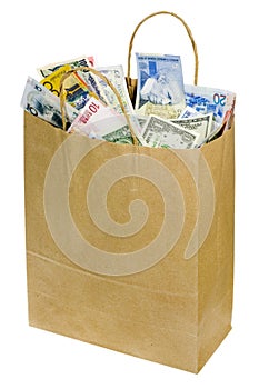 Paperbag of world currencies photo