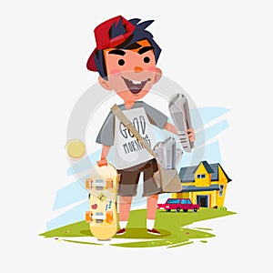 Paperboy holding newspaper with his skateboard and people home i