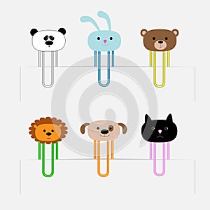 Paperclips set with animal heads. Panda, rabit, dog, cat, lion, bear. Flat design.