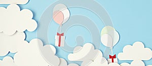 Papercut balloons and Gift Box floating in blue sky with clouds. Happy Bithday, Merry Christmas festive poster