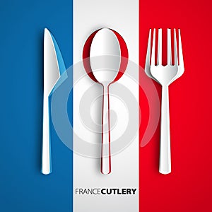 Papercut cutlery on France flag, Vector restaurant card menu design