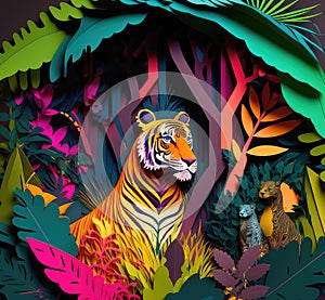Papercut Cutout Tiger in Jungle
