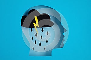 Papercut head, adult depression concept. Mental health problems, psychology, mental illness