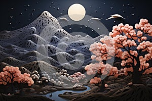 Papercut Moonlit Scene with Blooming Trees and Mountains. Generative AI