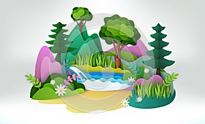 Papercut nature. Green jungle art. Origami craft landscape. Scenic mountains and eco forest world. Summer plants