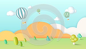 Papercut sky landscape banner with hot air balloon, clouds made in realistic paper craft art. Kid promotion for toy store discount