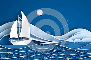 papercut style of boat on sea and rain, waterdrop, blue and white color, Generated AI