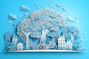 Papercut style of ecosystem concept, tree, building, AI generated