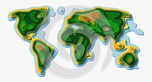 Papercut style green vector world map.