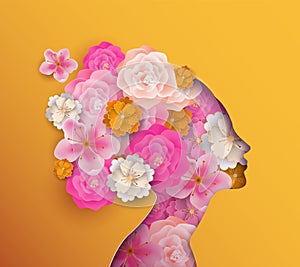 Papercut woman with pink spring flowers