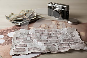 Papers with family tree templates, vintage camera and photos on light wooden table, closeup