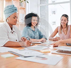 Paperwork, corporate women team consulting in an office for a business collaboration. Diversity, teamwork and business