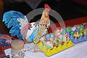 papier-mache Cockerel and egg chickens