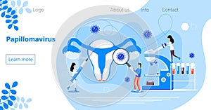 Papillomavirus concept vector for homepage of medical website. HPV is reason of cervical cancer. Tiny doctors treat