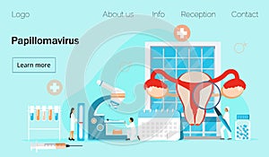 Papillomavirus concept vector for homepage of medical website. HPV is reason of cervical cancer. Tiny doctors treat papilloma