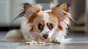 A Papillon chewing on a small raw bone, highlighting the scale of the diet appropriate for smaller breeds, against a photo