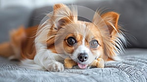 A Papillon chewing on a small raw bone, highlighting the scale of the diet appropriate for smaller breeds, against a photo