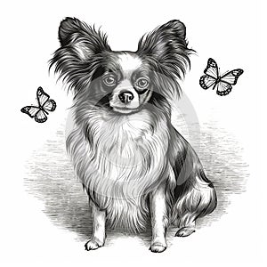 Papillon dog, engaving style, close-up portrait, black and white drawing photo