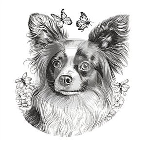 Papillon dog, engaving style, close-up portrait, black and white drawing photo