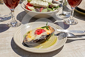 Papoutsakia stuffed eggplants dish of greek cuisine.