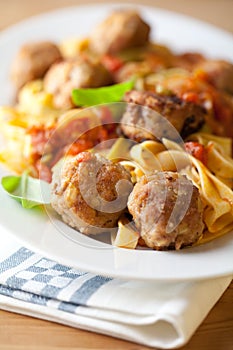 Pappardelle pasta with meatballs photo