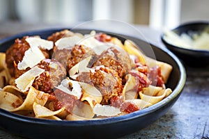 Pappardelle Pasta with Meatballs and Shaved Parmesan photo