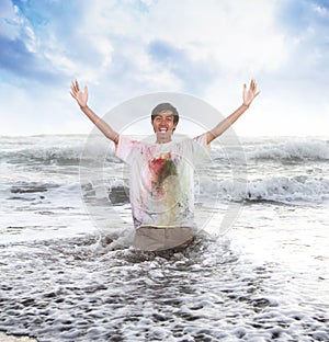 Pappy young men in a beach in summer with slow motion and blurry concept