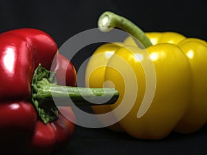 The two peppers in the picture are red and yellow photo