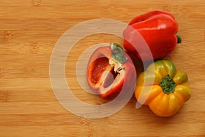 Paprika. Group pepper red and yellow pepper bell on wooden background. Sweet red peppers