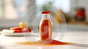 Paprika powder in a glass jar on a wooden table