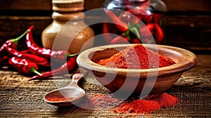 Paprika powder in a wooden bowl on a table