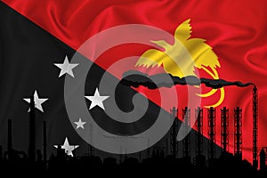 Papua New Guinea flag, background with space for your logo - industrial 3D illustration.Silhouette of a chemical plant, oil