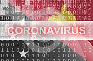 Papua New Guinea flag and futuristic digital abstract composition with Coronavirus inscription. Covid-19 outbreak concept